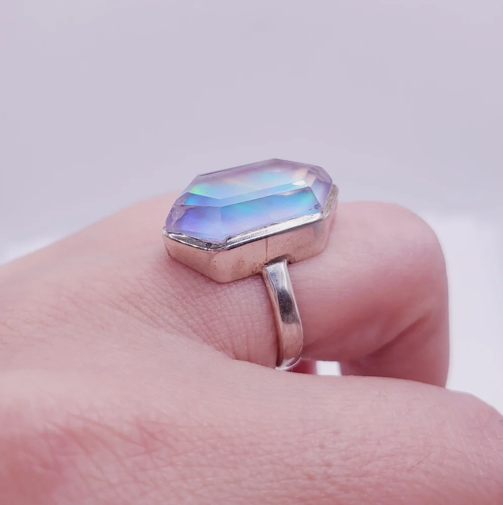 Iridescent Hexagon 925 Sterling Silver Opalite Aura Glow Ring